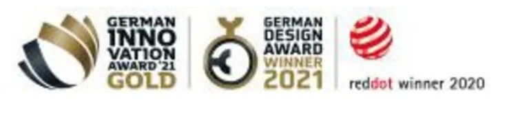 Logotipos de los premios German Innovation Award Gold, German Design Award y Red Dot Winner